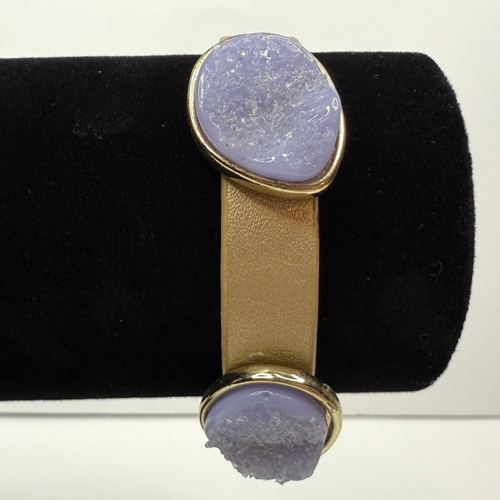 Chico's Lilac Druzy Stone Bangle Bracelet Gold Leather Band Magnetic Closure Sz7